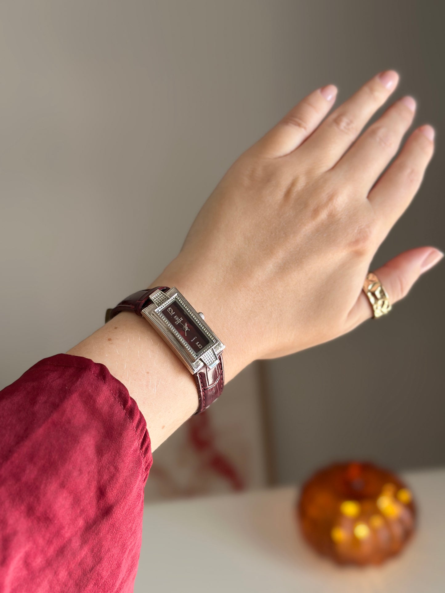 Classic watch with burgundy leather strap