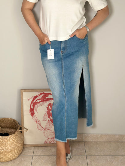 Denim maxi skirt with slit