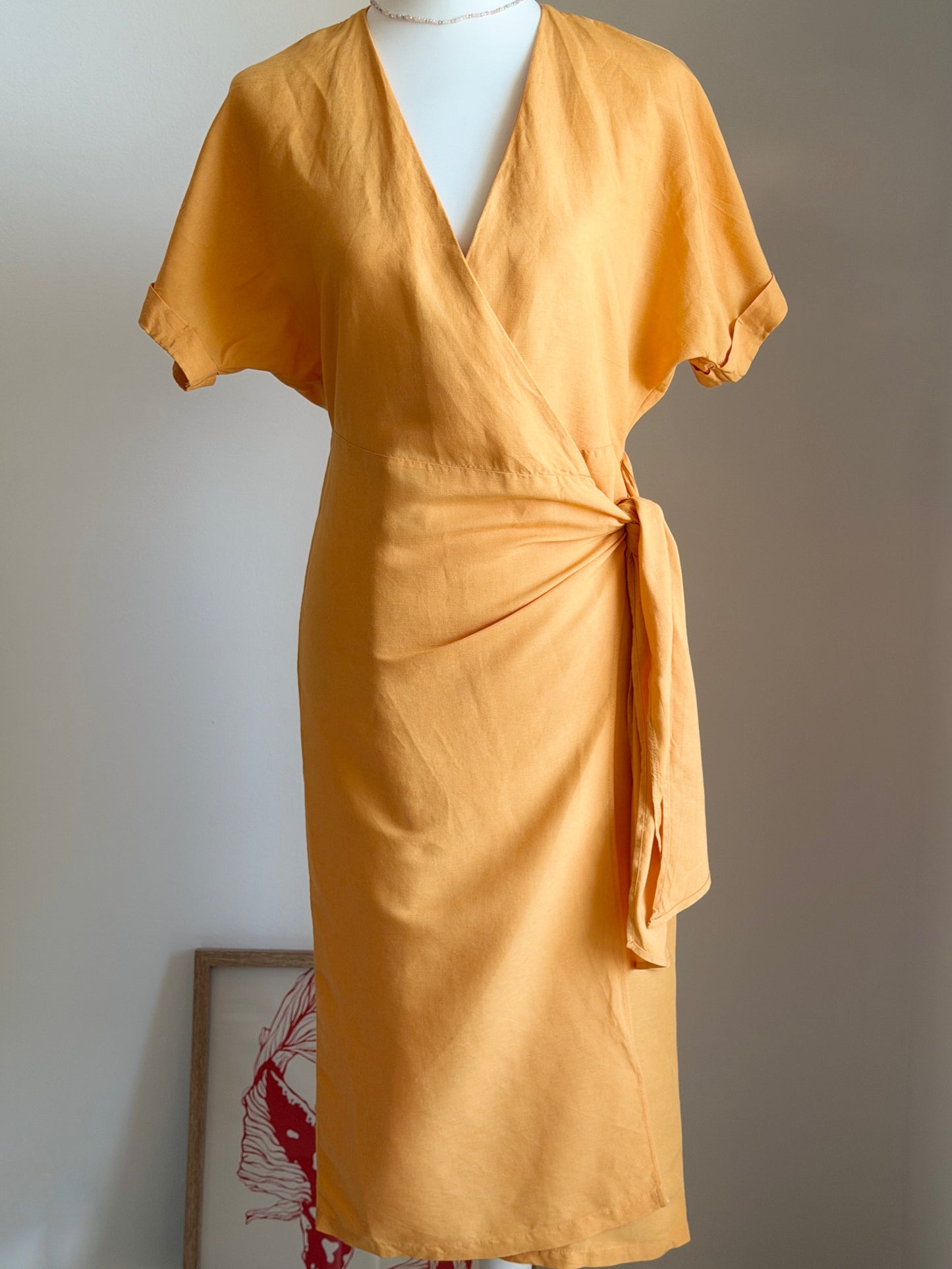 Orange linen blend wrap dress