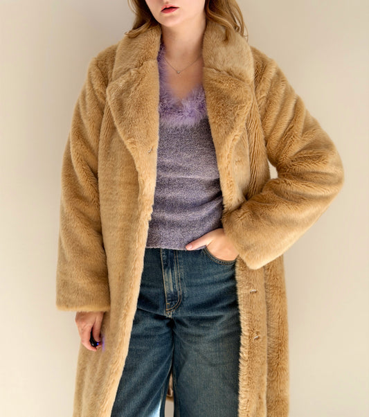 Chic beige faux fur midi coat