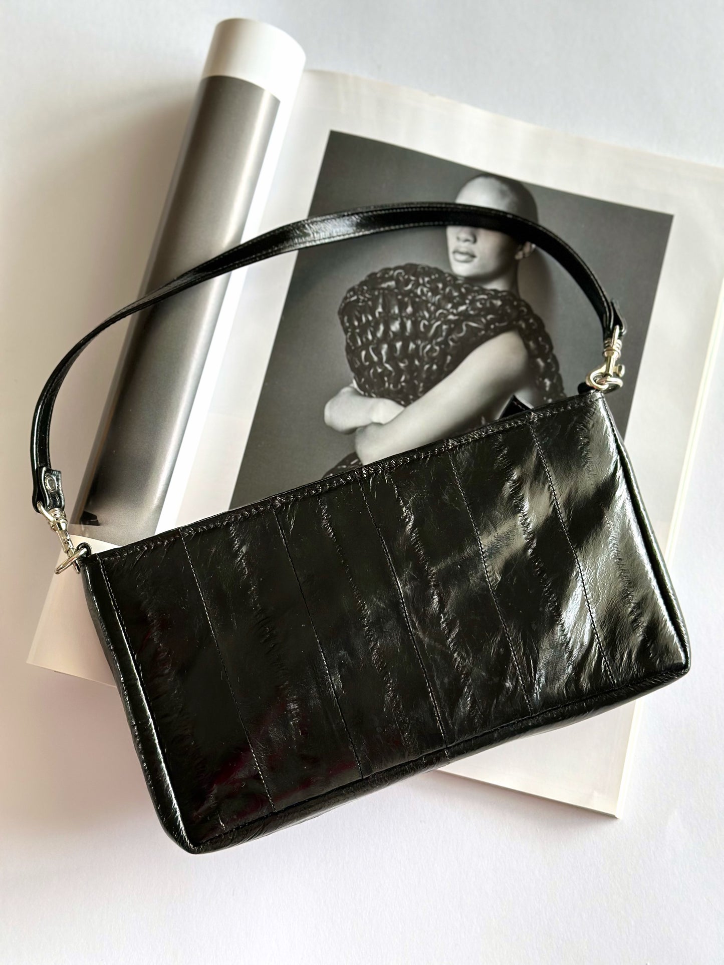 Vintage small black eel skin clutch handbag