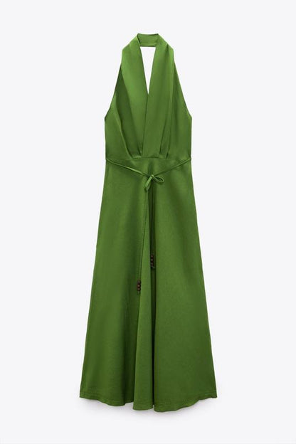 Vibrant green halter-neck linen dress