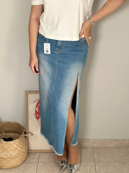 Denim maxi skirt with slit