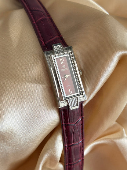 Classic watch with burgundy leather strap