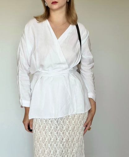 Beautiful white linen kimono blouse with belt