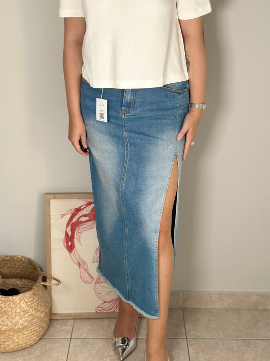 Denim maxi skirt with slit