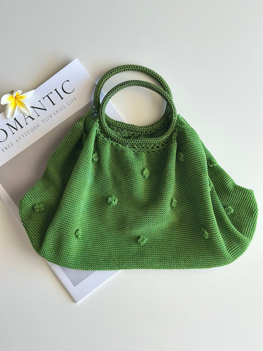 Vintage hand-knitted top-handle green bag
