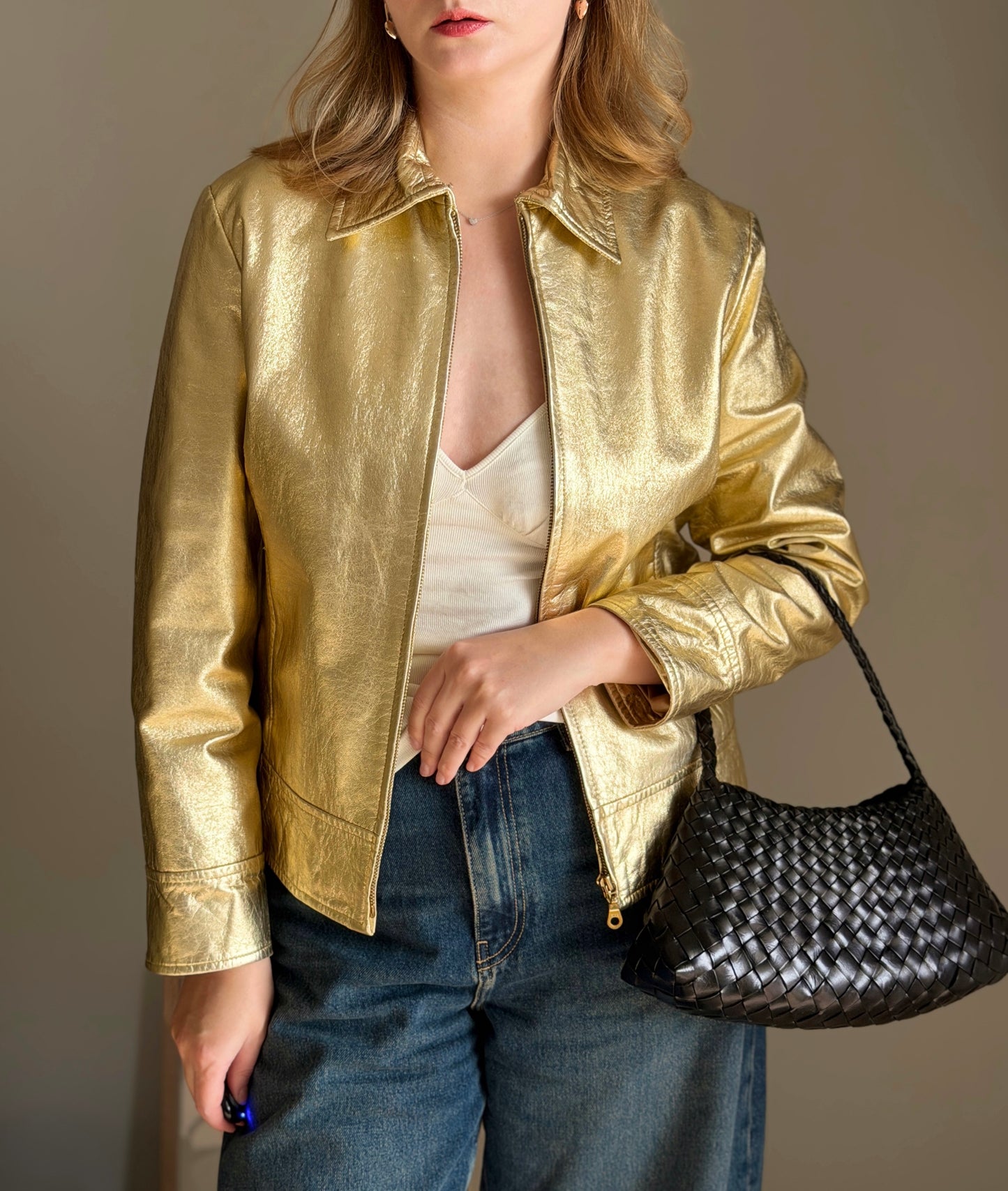 Vintage real leather metallic gold jacket
