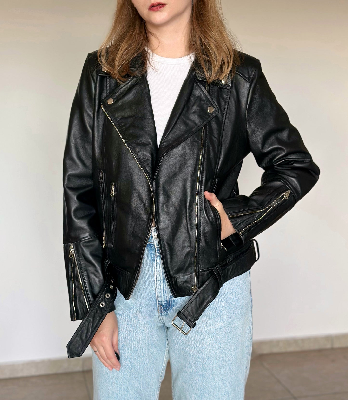 Classic vintage black biker leather  jacket